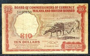 RARE 1961 MALAYA & BRITISH BORNEO $ 10 Dollars B/Note, F(+FREE1 note)#20442