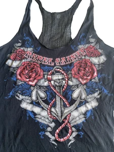 ❧Rebel Saints Red Roses with Anchor Black Tank Top Mesh back Women's -----LoOOoK - Picture 1 of 7