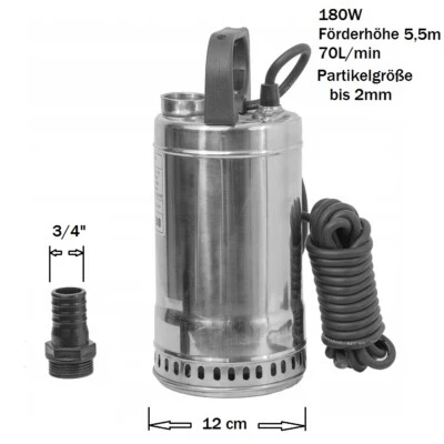 Edelstahl Tauchpumpe Brunnenpumpe Schwimmbadpumpe 180W - 70L/min Förderhöhe 5,5m - Bild 1 von 3