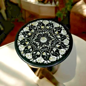 Black Marble Coffee Table – Mother of Pearl Inlay Floral Art – Luxury Handmade - Picture 1 of 10