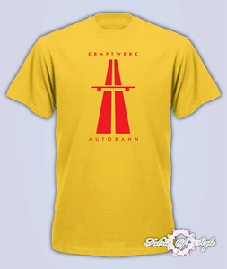 KRAFTWERK Tribute AUTOBAHN RETRO TECHNO Mens T-Shirt Yellow Red - Picture 1 of 1