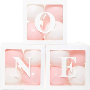 1St Birthday Party Decoration Boxes for Boys & Girls, 3 Pcs White Balloon Boxes - Picture 1 of 12