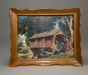 Vintage MCM Paul Detlefsen “A Sturdy Landmark” Covered Bridge W/Frame & Glass - Picture 1 of 9