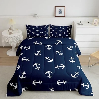  Summer Comforter Set Size, Nautical Bedding Set 3pcs for Kids Boys King Anchor - Image 1 of 4