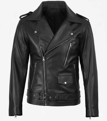 Chaqueta estilo motociclista asimétrica negra de cuero real para hombre Foto 1 de 3