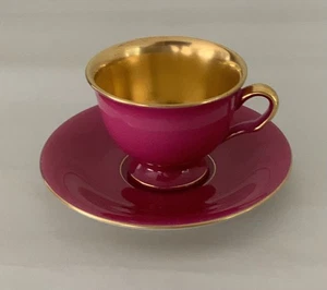 Vintage Pickard Demitasse Cup Saucer Set Gold Pink Raspberry - Picture 1 of 7