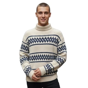 Suéter De Colección Gatsby Fair Isle Nórdico Cuello Alto Tejido Crema y Azul Marino Para Hombre XL - Imagen 1 de 8