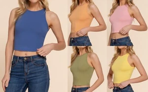 Slim Fit Women's Round Neck Racerback / Halter Neck Soft Cotton Crop Tank Top - Picture 1 of 94