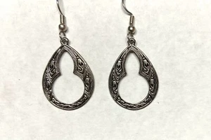 Rhodium Plate Ornate Style Dangle Earring-FANCY TEARDROP HOOP- 1 1/4" - Picture 1 of 3