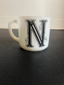 Vintage Federal Milk Glass Monogrammed Initial "N" Coffee Cup Mug USA D Handle - Picture 1 of 6