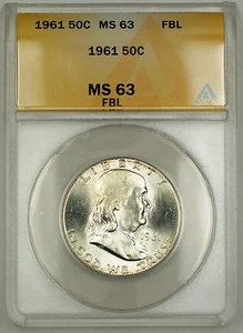Medio dólar de plata Franklin 1961 50c moneda ANACS MS-63 líneas de campana completas mejor* RL - Imagen 1 de 2