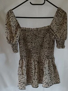 Cameo Rose Black Cream Shirred Bodice & Cuff Bardot Short Sleeve Top UK 10 - Picture 1 of 16