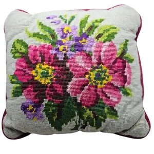 Vintage Floral Needlepoint Throw Pillow With Velvet Backing 11"x11" - Picture 1 of 16