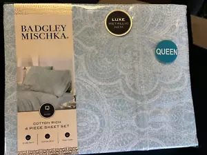 Badgley Mischka Queen Size Cotton Rich Sheet Set 4 Pieces Aqua Blue/White - Picture 1 of 11