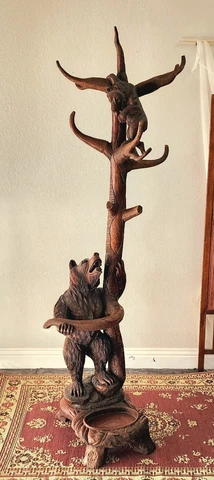 19th Century Brienz Black Forest Hand-Carved Hall Stand w/ Mama Bear and Cub Cover