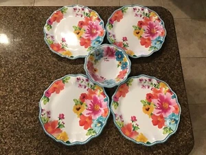 🌺🌺 FOUR PIONEER WOMAN BREEZY BLOSSOMS DESIGN DINNER PLATES/ONE BOWL NEW - Picture 1 of 6