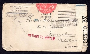 US TO PALESTINE 1920 NUEVA JERSEY CUBIERTA CENSURADA TIEMPOS DE GUERRA CON SELLO MILITAR OTOMANO - Imagen 1 de 2