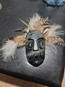 Hand Carved Soapstone Feather Native Alaska Inuit Eskimo Spirit Mask Signed Tim - Picture 1 of 10