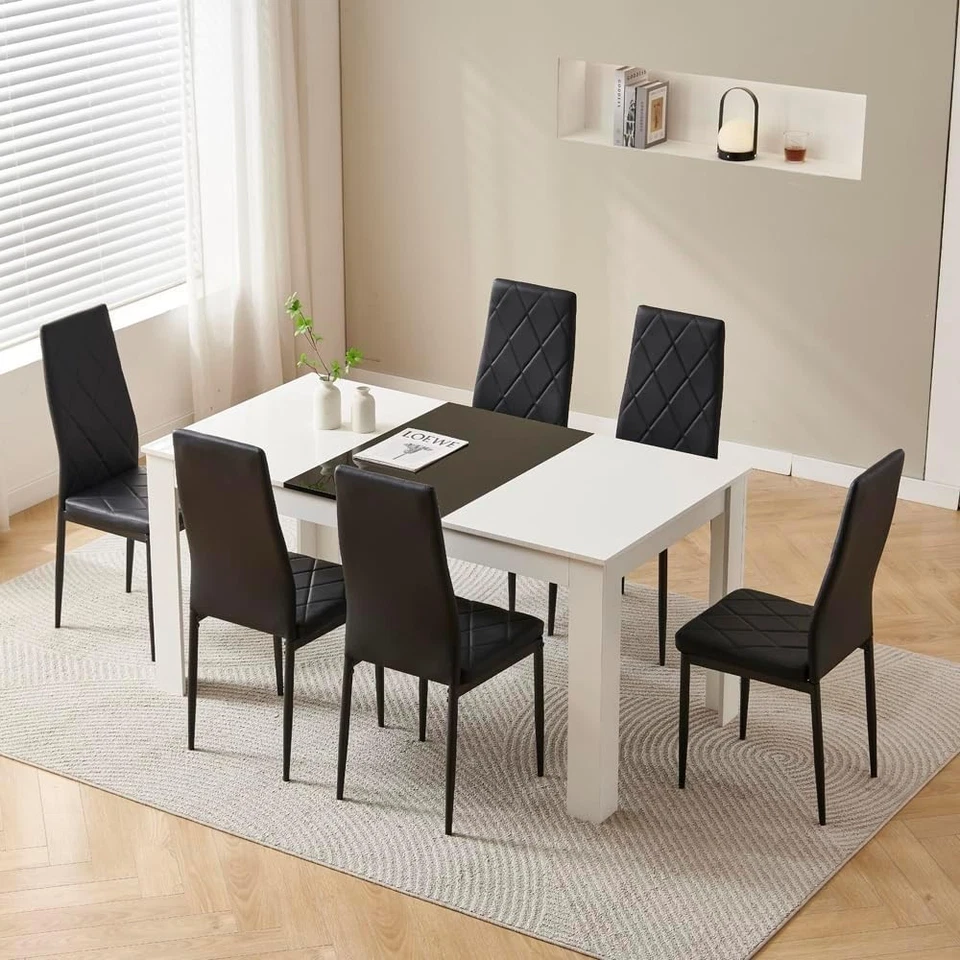 Modern White 7-Piece Dining Table Set with Black Leather Chairs – Space Saving - Image 1 of 4