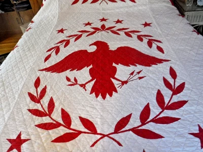 VINTAGE Red on  White Americana Quilt w American Eagle, Stars & More Federal Prn - Image 1 of 4
