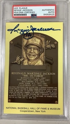 Reggie Jackson Signed Gold HOF Plaque Postcard Yellow Yankees Autograph PSA/DNA - Image 1 of 3