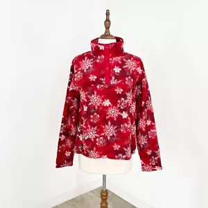 LL Bean Womens Fleece Pullover Snap-T Sweater Jumper Snowflake Red White Size M - Picture 1 of 12