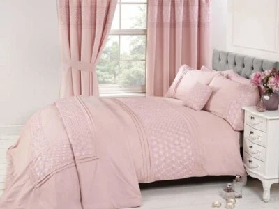 Everdean Embroidered Pintuck Duvet Cover Set - SINGLE BED SIZE - PINK - Image 1 of 4