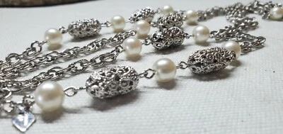 Sarah Coventry Necklace Signed Silvertone Faux Pearl Long Filigree 53" Chain  - Image 1 of 4