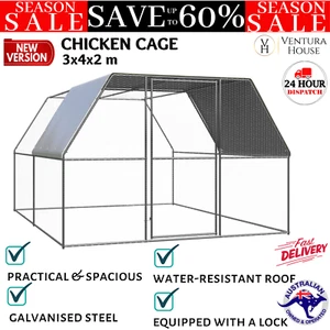 vidaXL Outdoor Chicken Cage Galvanised Steel Hen House Coop Run Habitat 3x4x2 m - Picture 1 of 12