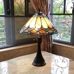 Tiffany Style 2-Light Table Lamp Yellow Orange Stained Glass w Jewels 22" High