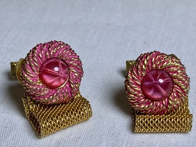 Vintage 60's Gold Mesh, Gold & Pink Twist, Pink Star Sapphire Cufflinks - Image 1 of 4