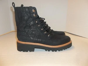 Marc Fisher Women Lizzie Black Croc Festival Combat Black Leather Boots Sz 8.5M - Picture 1 of 6