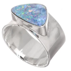 925 Sterling Silver Big Blue Natural Australian Opal Sterling Sz 8 Ring - Picture 1 of 4