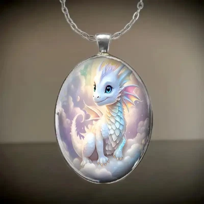 Lindo collar colgante gótico mágico plateado vintage joyería ovalada dragón Foto 1 de 4