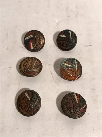 Lot of Six (6) Indian Chief Hand Painted Antique copper/brass shirt buttons Cover