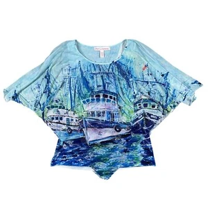 Leoma Lovegrove Blouse Top Small Blue Asymmetrical Sleeves Art to wear Artsy AOP - Picture 1 of 8