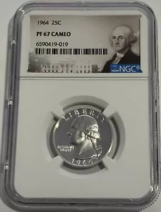 1964 NGC PF67 CAMEO 90% SILVER PROOF WASHINGTON QUARTER 25c PORTRAIT LABEL - Picture 1 of 3