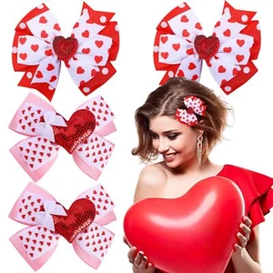 4Pcs Valentine's Day Hair Heart Bows Clips Red White Love Bowknot Ribbon Hair... - Picture 1 of 7