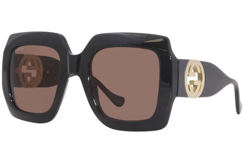 Gucci GG1022S 005 Occhiali da Sole Donna Nero Oro Catena Collana Lenti Marrone 54mm