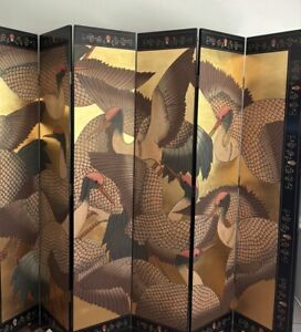 Vtg Room Divider Screen 2 Sided Cranes Wood Gold Black Great Condition 6 Panel