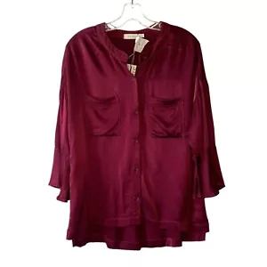 MODODOC Red Satin 3/4 Bell-Cuff Sleeve Collarless Button-Up Blouse NWT Medium - Picture 1 of 7