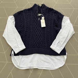 NEU Anthropologie Pilcro dicker Zopfmuster Twofer Pullover Gr. M marineblau & weiß - Bild 1 von 6