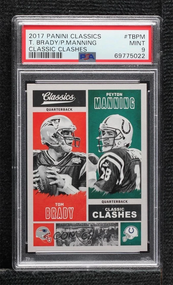 2017 Panini Classics Classic Clashes Peyton Manning Tom Brady PSA 9 MINT HOF - Image 1 of 2
