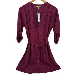 41 Hawthorn Dress Womens Medium Burgundy Clip Dot Roll Tab Sleeves Belted V-Neck - Picture 1 of 11