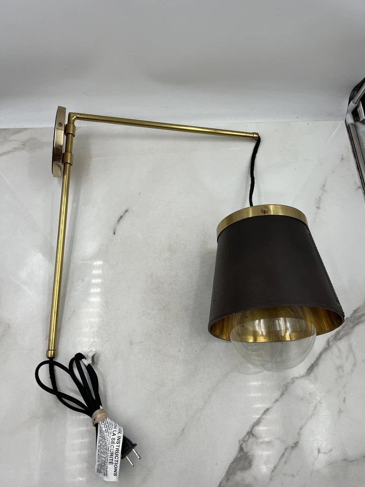Brass Plug-In Swing Arm Wall Sconce Leather Shade Adjustable Modern Glass Globe - Image 1 of 4