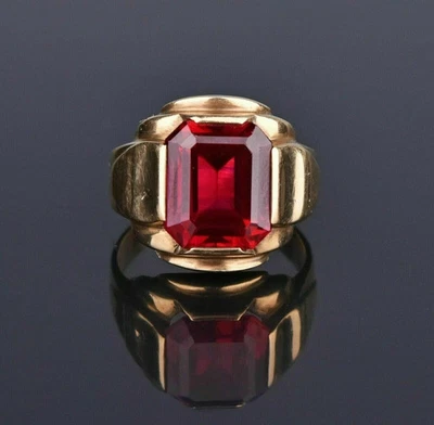 3Ct Emerald Lab Created Red Ruby Valentine Gift Mens Ring 14k Yellow Gold Plated - Image 1 of 4