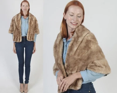 Vintage 60s Real Brown Fur Stole Honey Wedding Shawl Cape Capelet Bridal Wrap - Image 1 of 4