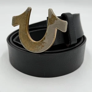 True Religion Genuine Leather Belt Black Mens Size 40 Logo Buckle Work 1.5" Wide - Picture 1 of 11