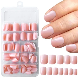 240pcs Short Press on Nails Peach Pink Full Cover Short Square Glossy Fake - Picture 1 of 6