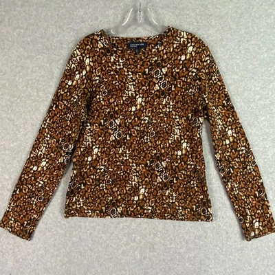 Jones New York Top Womens M Black Brown Animal Long Sleeve Knit Pullover Tee - Image 1 of 4